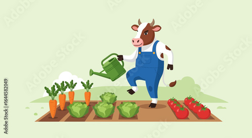 Cartoon cow farmer watering the garden with carrots cabbages and tomatoes crops