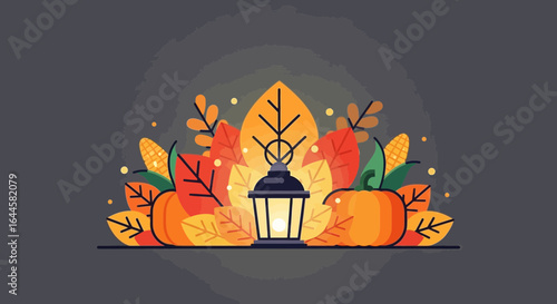 Autumnal Lantern Composition: Flat Vector Illustration Celebrating Fall Harvest Season bounty