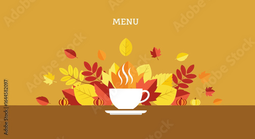 Autumnal Menu Presentation Featuring a Steaming Cup of Warm Beverage and Colorful Leaves