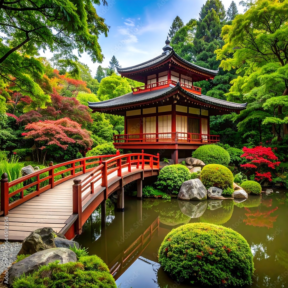 Fototapeta premium Japanese garden pavilion with bridge