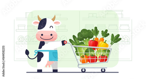 Cartoon cow shopping for vegetables in supermarket creating healthy living theme happy dairy farmer promoting nutrition and wellness products