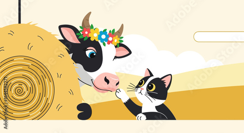 Cartoon Cow with Floral Crown and a Cute Cat Touching Noses in a Farm Scene