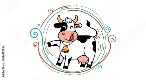 Cartoon Cow With Bell Ornamented With Decorative Frame Element Vector