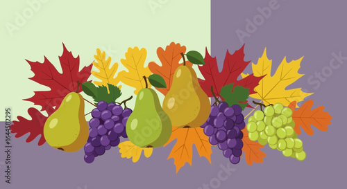 Autumnal Still Life with Pears Grapes and Fall Leaves in a Harmonious Composition