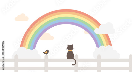 Cartoon depiction of a cat and bird sitting on a fence under a rainbow idyllic and colorful