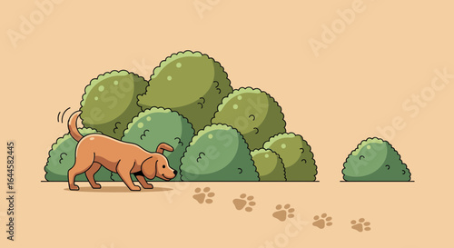 Cartoon dog sniffing a trail of paw prints near some green bushes in vector illustration