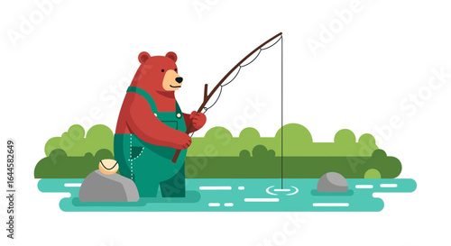 Bear's Leisurely Pursuit Cartoon Illustration Vector In Fresh Nature Style