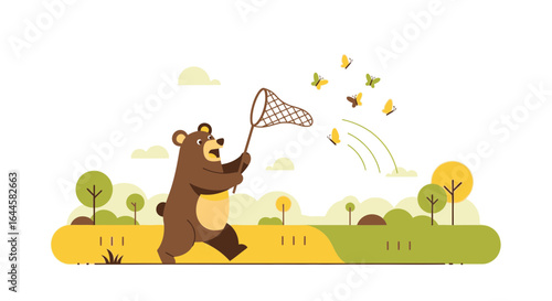 Bear With Butterfly Net Chasing Flying Insects In Natural Landscape Scene