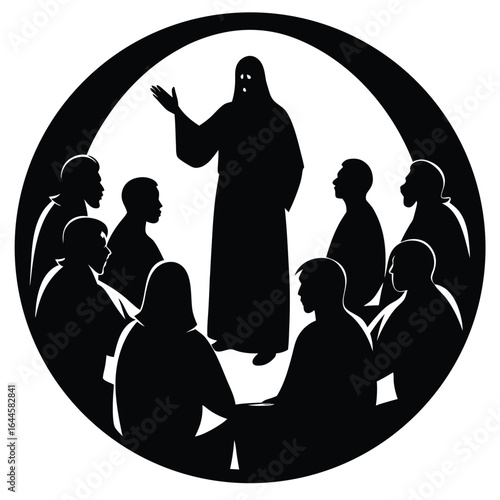 Speaker addressing attentive audience in circular frame