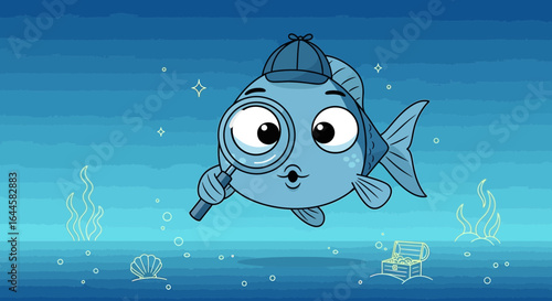 Cartoon Fish Detective Investigating Underwater Scene with Treasure Chest and Sea Life