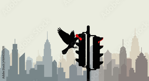 Bird's Urban Stop A Crow's Perch On City Traffic Lights Silhouette Backdrop