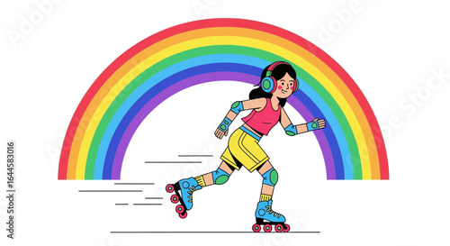 Cartoon girl roller skating under a vibrant rainbow full of joy and happiness showing recreational activity and exercise for better health