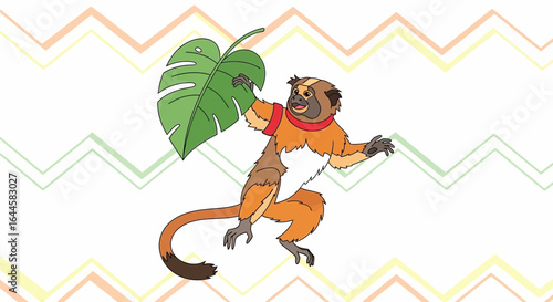 Cartoon golden-handed tamarin holding a monstera leaf on zigzag pattern background illustration