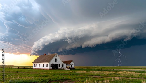 Dramatic storm clouds over farmhouse