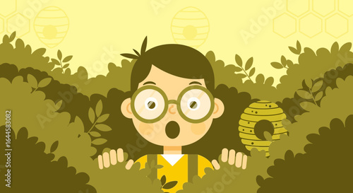 Cartoon Girl Stumbling Upon Beehive In Bushes Expressing Shock And Surprise
