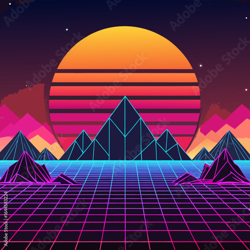 Vibrant retro-futuristic landscape with neon mountains and grid floor under a striped sunset