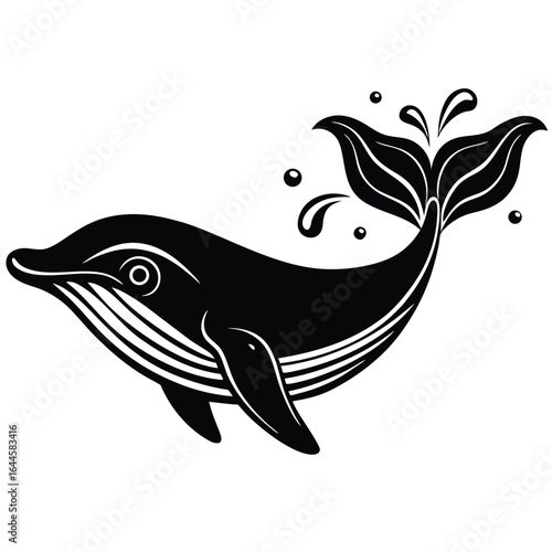 Stylized black whale breaching with water splashes