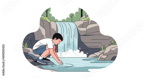 Boy admiring a waterfall landscape on a warm sunny day surrounded by nature