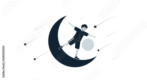 Boy Balancing on Moon with Shooting Stars Concept Illustration Isolated