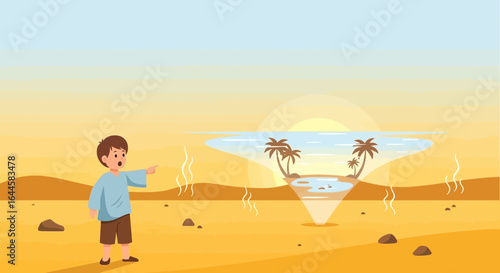 Boy discovers a tropical mirage in the desert, a surreal and whimsical illustration evoking themes of hope and illusion