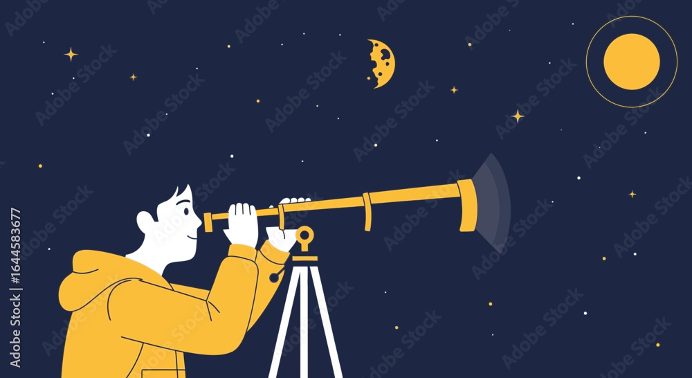 Naklejka premium Boy Gazing At Space Through Telescope During Night Explore Cosmos