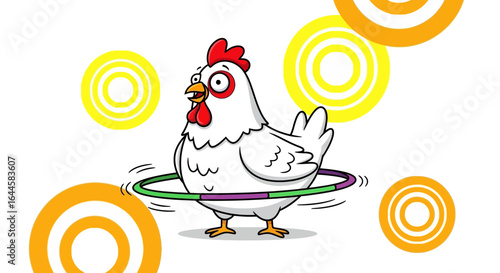 Cartoon illustration of a chicken spinning a hula hoop with colorful circles background design