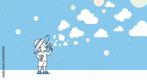 Boy Enjoys Blowing Bubbles Under A Sky Full Of Fluffy Clouds Illustration