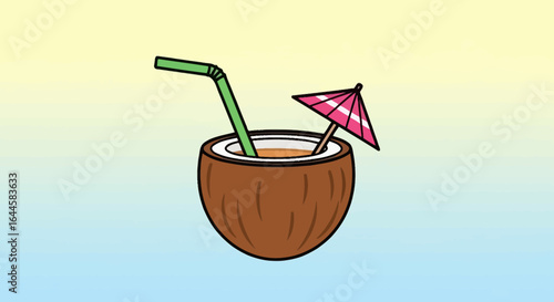 Cartoon illustration of a coconut drink with straw and umbrella inviting vacation vibes and relaxation