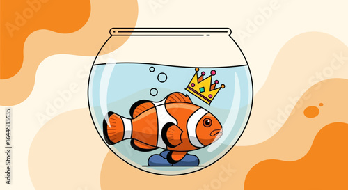 Cartoon illustration of a clownfish in a fishbowl with a crown floating nearby showcases aquatic fantasy and whimsical themes