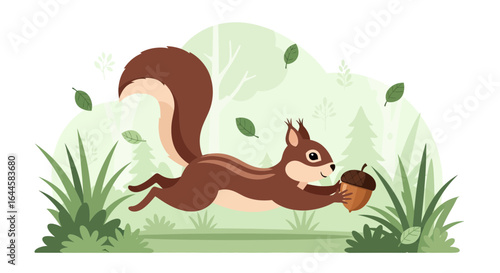Cartoon illustration of a cute squirrel running with an acorn in its hands within a forest backdrop