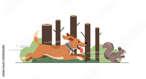 Cartoon illustration of a dog chasing a squirrel through a forest setting playful chase scene