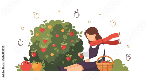 Cartoon illustration of a girl picking apples from a tree during autumn season outdoors in a minimalist style