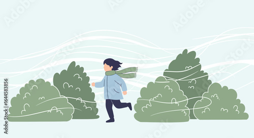 Cartoon illustration of a girl running through a windy day with green bushes and cold weather background created with flat design style