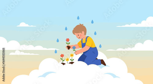 Boy Planting Flowers Under Rain Illustrating Childhood and Care for Nature