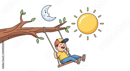 Cartoon illustration of a happy boy swinging in a park with sun and moon in the sky