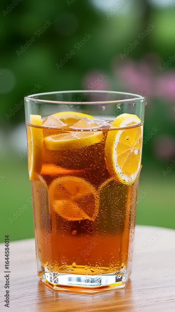 Refreshing iced tea with lemon slices in garden setting Refreshing iced tea with lemon slices in garden setting