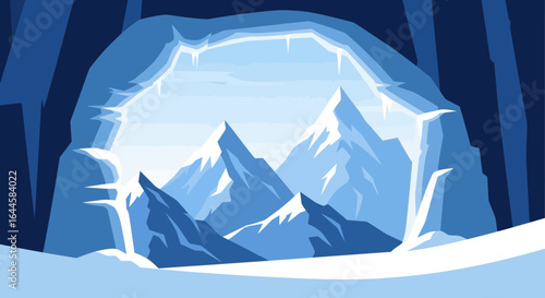 Cartoon illustration of a majestic mountain range visible from an ice cave entrance