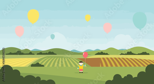Boy with balloons in a landscape with fields and hills, under a blue sky, depicting childhood innocence and adventure with balloons