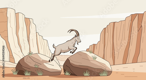 Cartoon illustration of a nimble ibex leaping between rocks in a canyon landscape