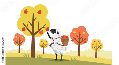 Cartoon illustration of a sheep picking apples from trees in an orchard during autumn depicting harvest season