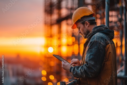 Construction Worker Using Tablet on Scaffolding at Sunset Over City Skyline