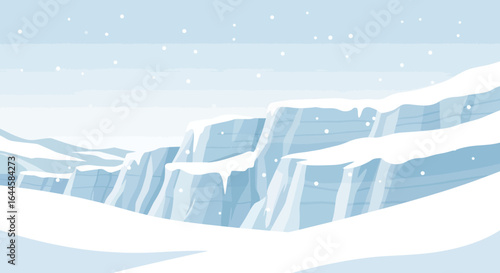 Cartoon illustration of a snowy landscape with mountains and falling snow graphic background for winter themed designs
