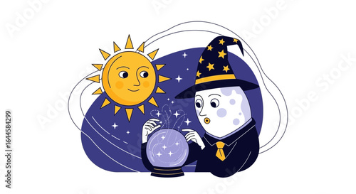 Cartoon illustration of a sun and moon character with a fortune telling theme illustration