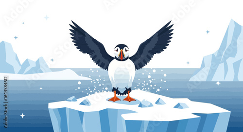Cartoon Illustration of Puffin Bird Spreading Wings on Iceberg in Arctic Landscape