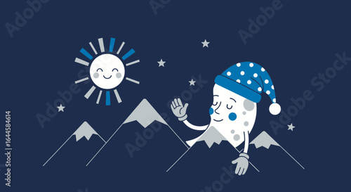 Cartoon Illustration of Sun, Moon, and Mountains in a Peaceful Nighttime Scene
