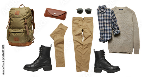 LIFESTYLE - Casual fall outfit flat lay with khaki pants, plaid shirt, knitted sweater, black boots and olive green backpack