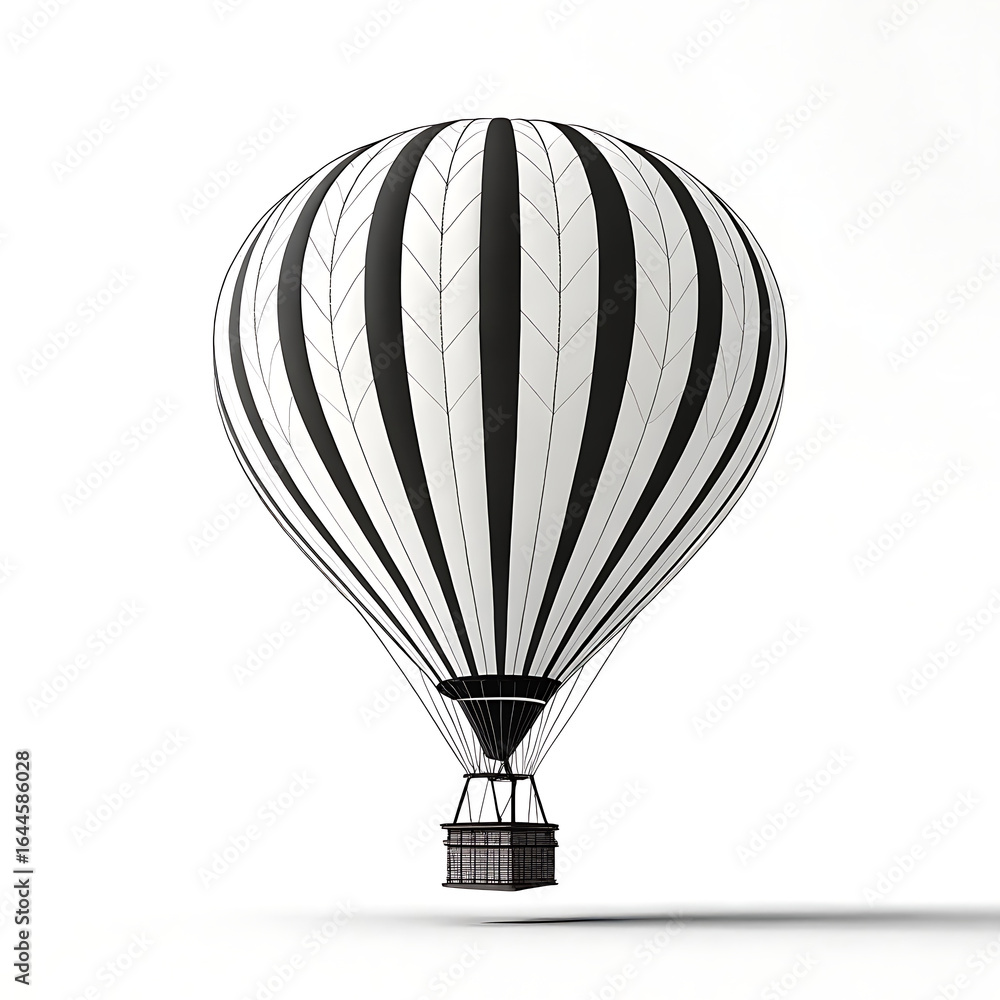 Obraz premium A striking black and white striped hot air balloon with a rustic wicker basket hangs suspended against a clean white background casting a subtle shadow