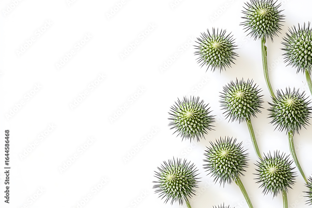 Obraz premium Arrangement of green globe thistles with stems displayed on a white background.