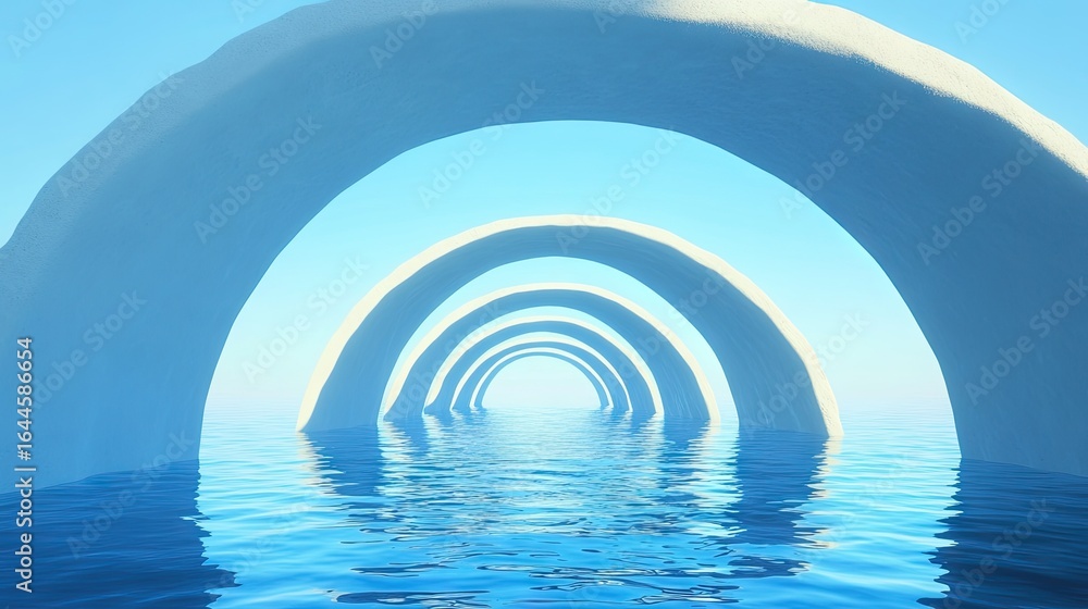 Obraz premium Light blue arches form a pathway over calm water.
