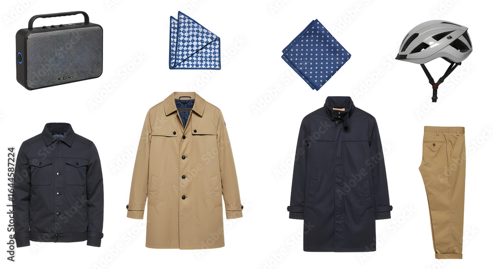 Naklejka premium LIFESTYLE - Men's fashion collection including jacket, trench coat, raincoat, trousers, helmet, and patterned neckerchiefs isolated on white